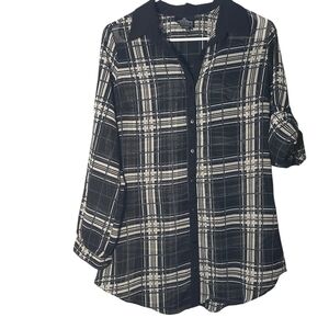 Angie Monochrome Plaid Sheer Oversized Small Button Down Roll Tab Sleeve Tunic